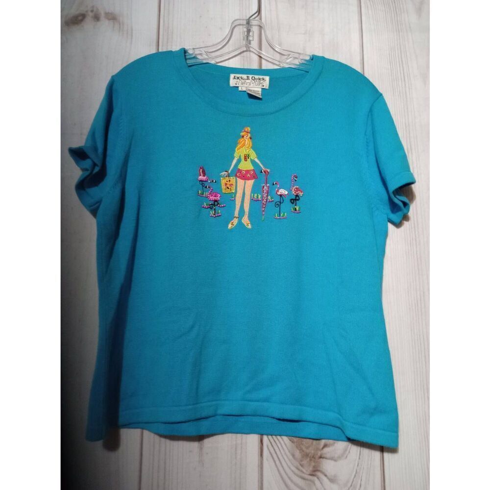 Jack B Quick Turquoise Knit Top Embroidered Flamingo Beach‎ Scene Women Large